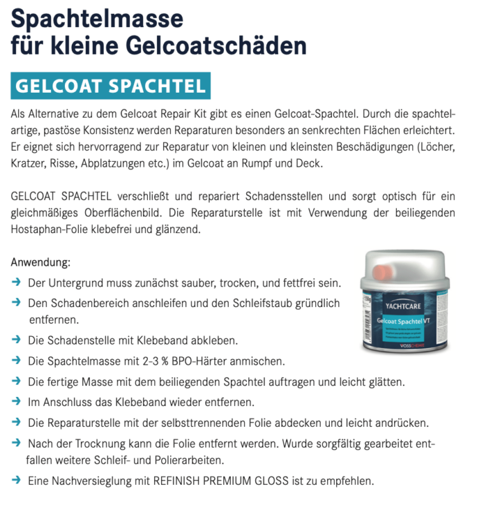 Yachtcare GELCOAT SPACHTEL VT Reparaturspachtel Gelcoatspachtel weiß 250g – Bild 3